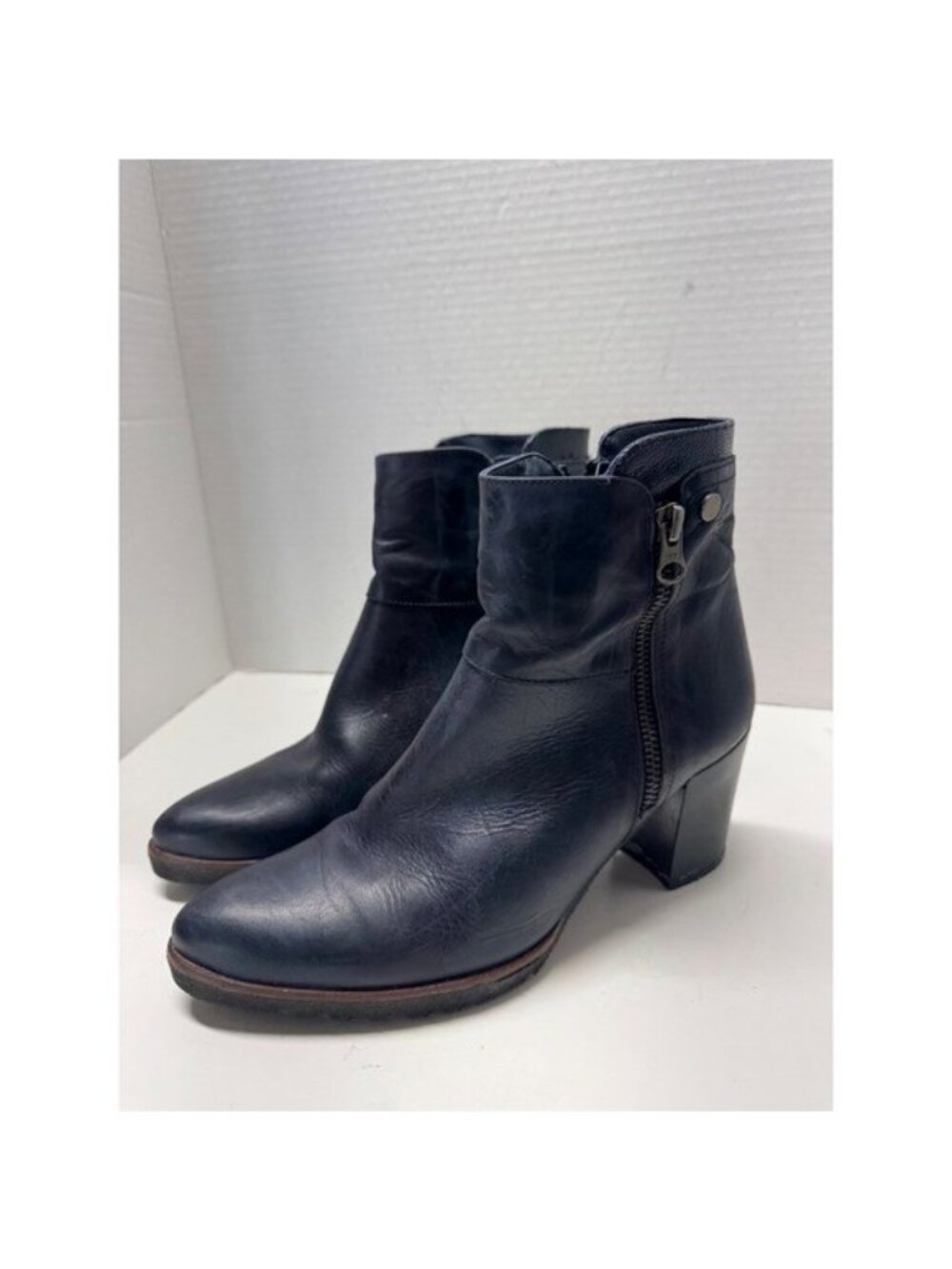 Dorking by Fluchos Navy Blue Leather Ankle Boots Block Heel Spain 37 6.5